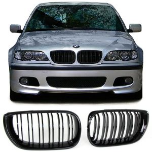 Glanzend zwarte dubbelspijls grillen passend voor BMW 3 serie E46 sedan en touring 2001 - 2005 facelift