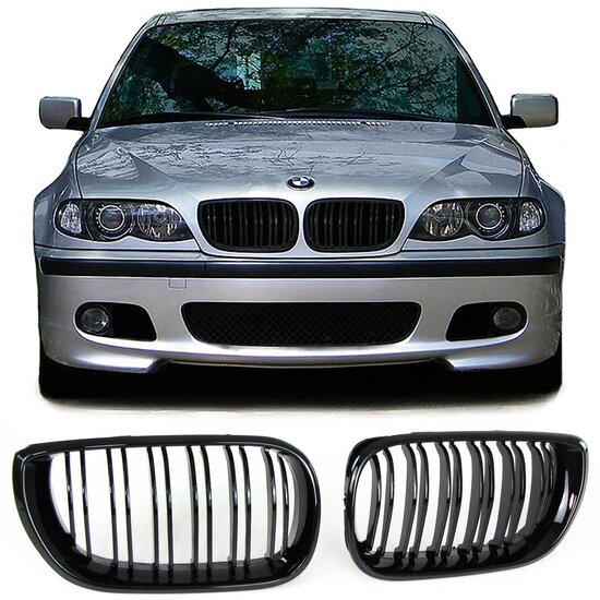 Glanzend zwarte dubbelspijls grillen passend voor BMW 3 serie E46 sedan en touring 2001 - 2005 facelift