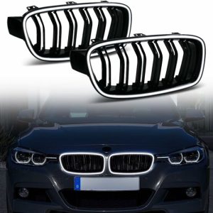 Glanzend zwarte grillen dubbelspijls met LED passend voor BMW 3 serie F30 en F31 model 2012 - 2019