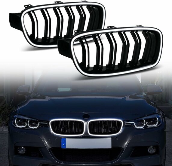 Glanzend zwarte grillen dubbelspijls met LED passend voor BMW 3 serie F30 en F31 model 2012 - 2019